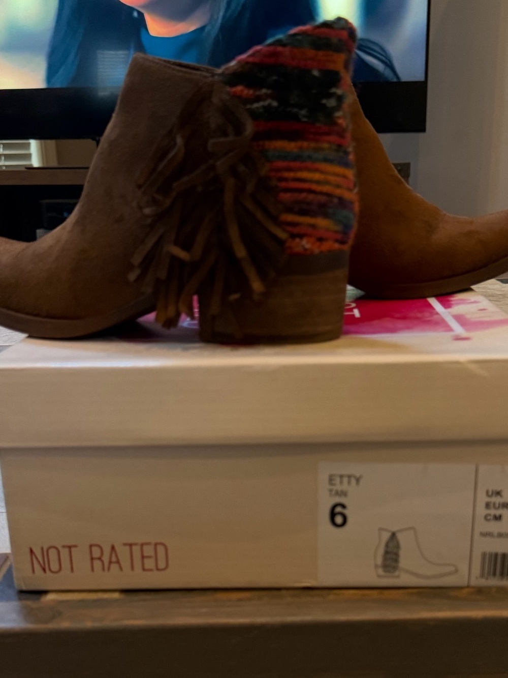 Not Rated Kids' Tan Suede Fringe Ankle Boots with Multicolor Fabric Heel